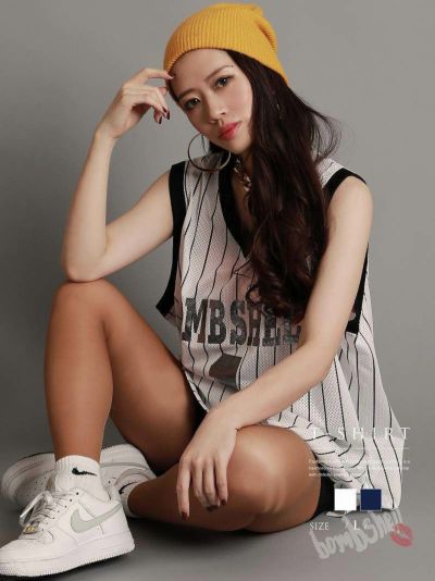 【SALE!￥3278→￥1639】ナンバーロゴメッシュノースリーブシャツ ダンス衣装【bombshell】(L)(ホワイト/ブルー)