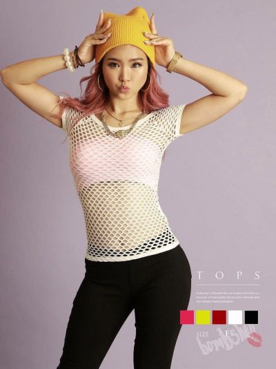 SALE￥2948→￥1474！ カラー半袖フィッシュネットTシャツ ダンス衣装【bombshell】(フリーサイズ)(ブラック/ホワイト/イエロー/レッド/ピンク)