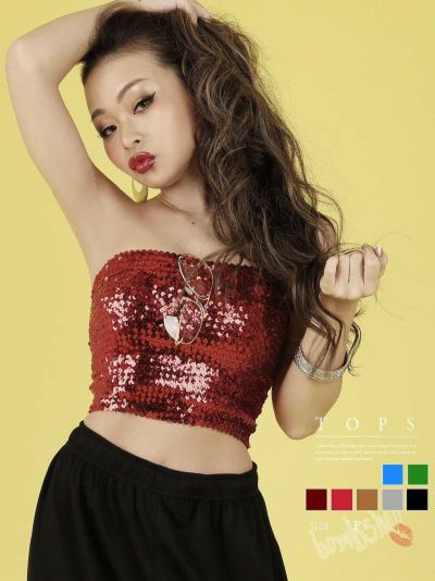 スパンコールベアトップキラキラキャミソール ダンス衣装【bombshell】(フリーサイズ)(ブラック/レッド/ゴールド/シルバー/ピンク/マリンブルー/グリーン)