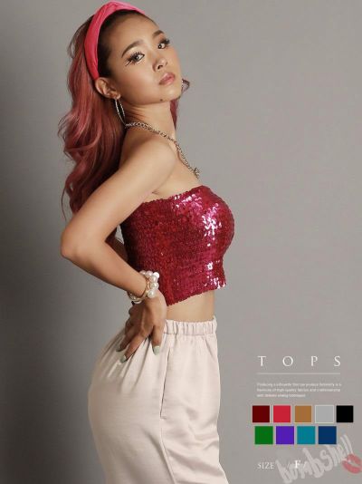 SALE￥1518→￥759！ 短丈キラキラスパンコールチューブトップ ダンス衣装【bombshell】(フリーサイズ)(ブラック/グリーン/パープル/レッド/ブルー/ゴールド/シルバー/ピンク/ターコイズ)