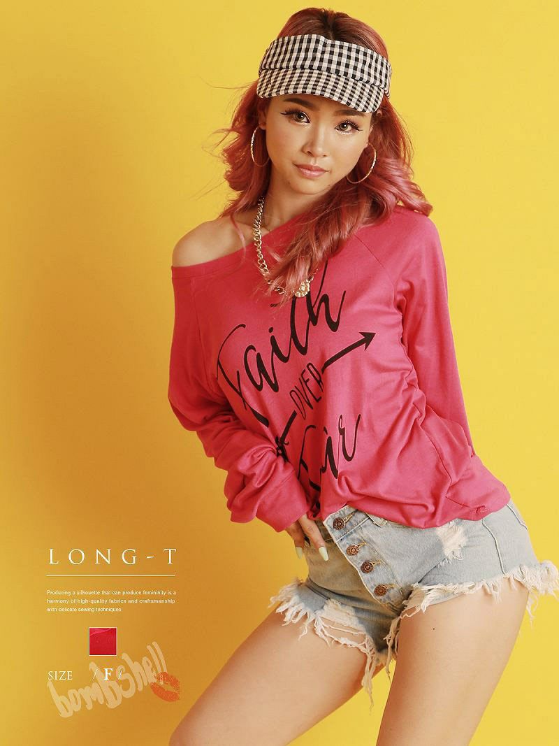 オフショルロゴ長袖ピンクTシャツ