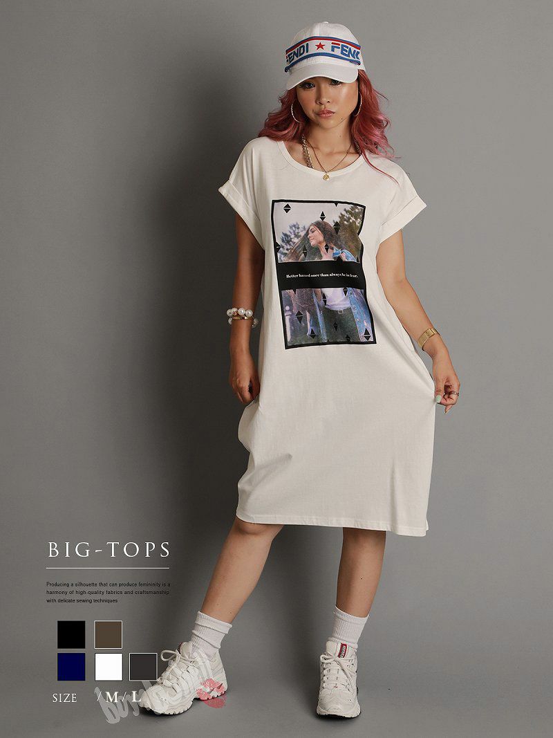 フォト転写プリントワンピ丈ビッグTシャツ