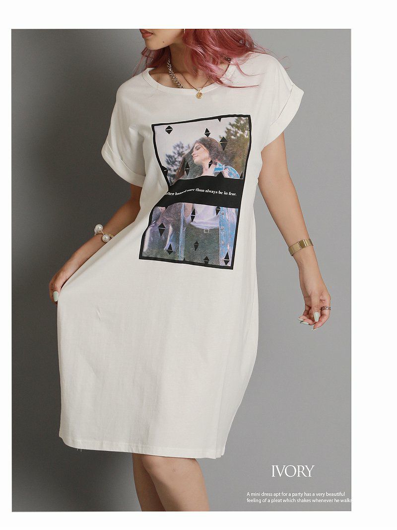 フォト転写プリントワンピ丈コクーンTシャツ 【bombshell/ボムシェル】