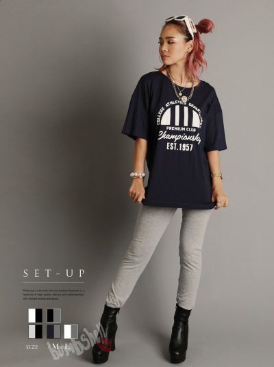 SALE￥1628→￥814！ Uネックプリント半袖Tシャツ×リブパンツセットアップ2点セット ストリート系【B/bomb】(M/L)(ホワイト×ブラック/ブラック×グレー/オートミール×ブラック/ネイビー×グレー/ホワイト×グレー