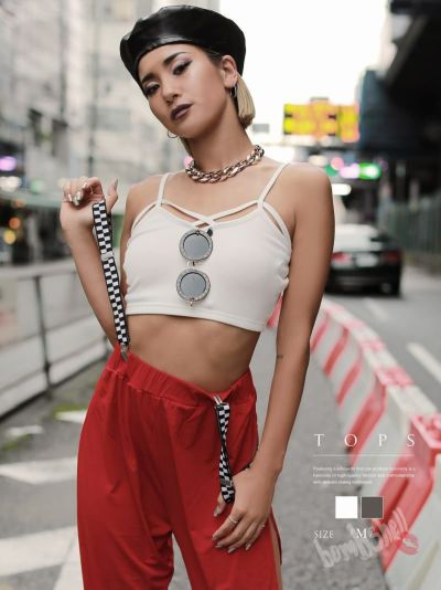 SALE￥1078→￥539！ カップ付カラークロス短丈キャミソール ダンス衣装【bombshell】(M/L)(ホワイト/チャコールグレー)