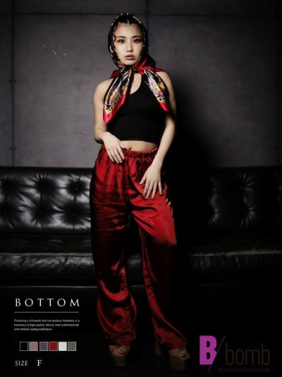 艶サテンロングパンツ ストリート系【B/bomb】(M)(アイボリー/グレージュ/パープル/テラコッタ/ブラウン/ブラック)