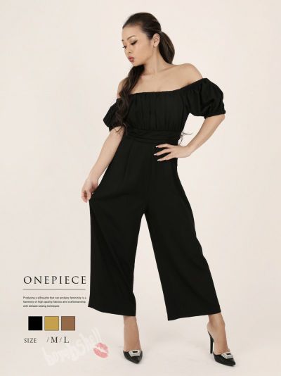 SALE￥3278→￥1639！ ワンカラーオフショルパフスリーブ袖オールインワンサロペット ストリート系【B/bomb】(M/L)(ブラック/イエロー/ブラウン)