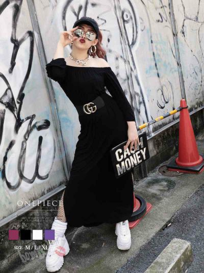 サイドスリット入りオフショルロングマキシ丈ワンピース ストリート系【B/bomb】(M/L/XL)(ブラック/グレー/ピンク/パープル)