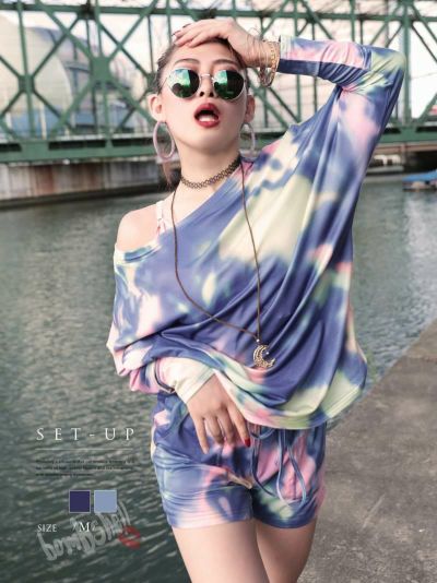 SALE￥2398→￥2158！ タイダイ柄長袖セットアップ ストリート系【B/bomb】(M)(ブルー/グレー)