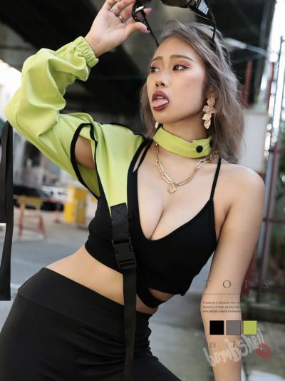 アシンメトリーワンショルトップス ダンス衣装【bombshell】(フリーサイズ)(ブラック/シルバー/グリーン)