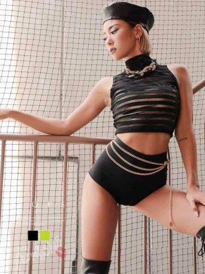 【SALE!￥1188→￥594】シースルー短丈ショートトップス ダンス衣装【bombshell】(フリーサイズ)(ブラック/イエロー/ホワイト)