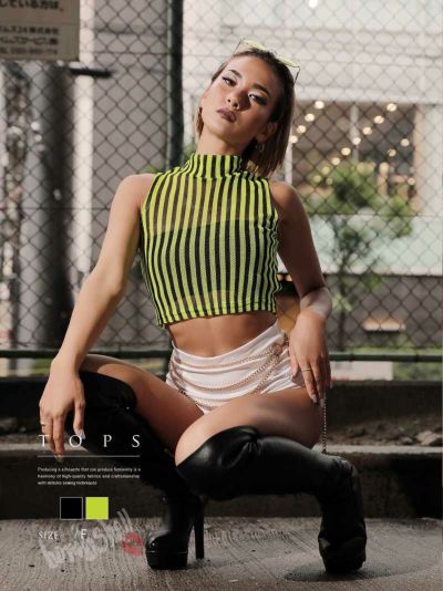 SALE￥1188→￥594！ 【メール便対応】メッシュボーダーハイネックトップス【ダンス衣装通販bombshell/ボムシェル】(フリーサイズ)(ブラック/イエロー/ホワイト)