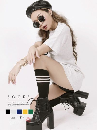 SALE￥638→￥319！ ダブルラインスポーティーニーハイソックス ストリート系【B/bomb】(フリーサイズ)(ブラック/イエロー/グリーン/ブルー/ホワイト)
