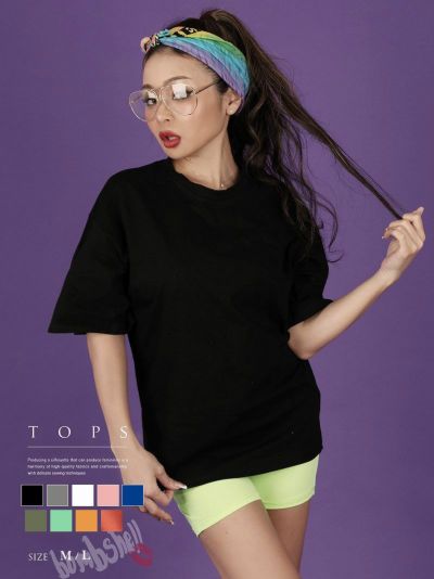 厚手半袖ビッグTシャツ ストリート系【B/bomb】(M/L)(ホワイト/ブラック/カーキ/グリーン/オレンジ/イエロー/ブルー/グレー/ピンク)