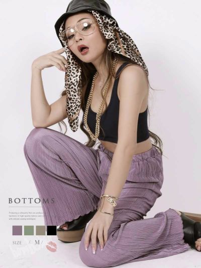 SALE￥1738→￥869！ ワンカラーサテン風プリーツワイドパンツ ストリート系【B/bomb】(M)(グレージュ/ミント/パープル/ブラック)