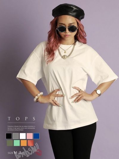 SALE￥2178→￥1089！ オーバーサイズ半袖無地Tシャツ ストリート系【B/bomb】(M/L)(ホワイト/ブラック/カーキ/グリーン/オレンジ/イエロー/ブルー/グレー/ピンク)