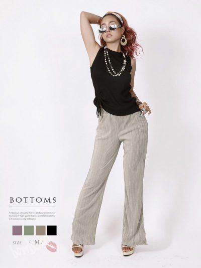 SALE￥1738→￥869！ プリーツグロッシーサテンロングパンツ【ダンス衣装通販bombshell/ボムシェル】(M)(グレージュ/ミント/パープル/ブラック)