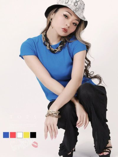 SALE￥1518→￥759！ Ｕネックメロウビビッドカラーリブカットソー ストリート系【B/bomb】(M)(オフホワイト/イエロー/ピンク/ブルー/ブラック)