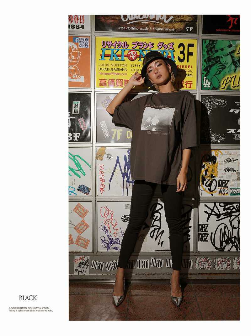 転写プリント5分袖クルーネックTシャツ【bombshell/ボムシェル】