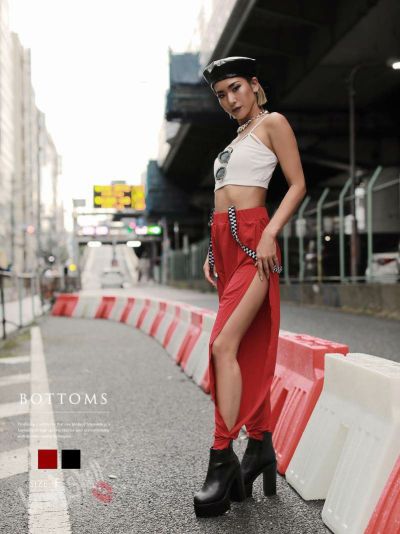 SALE￥4378→￥2626！ 大胆サイドスリットロングパンツスウェット ダンス衣装【bombshell】(フリーサイズ)(ブラック/レッド)