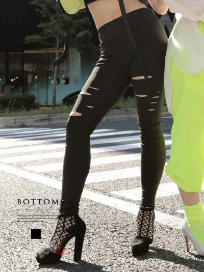 ダメージクラッシュ入りブラックレギンスロングパンツ ダンス衣装【bombshell】(S/M/L)(ブラック)