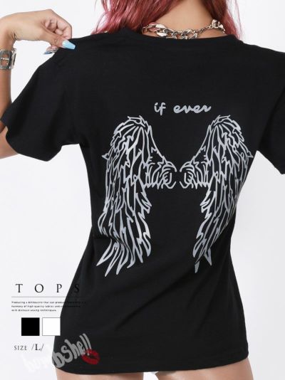 【メール便対応】反射光エンジェルモチーフビッグTシャツ【ダンス衣装通販bombshell/ボムシェル】(L)(ブラック/ホワイト)
