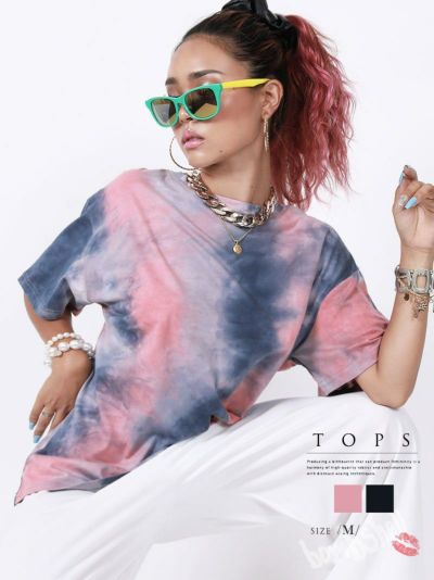 【SALE!￥1518→￥759】タイダイ柄半袖ビッグTシャツ ストリート系【B/bomb】(M)(ピンク/ブラック)
