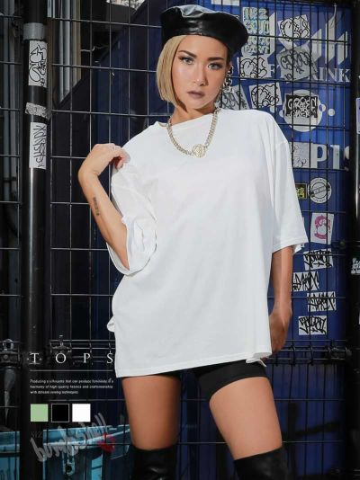 【メール便対応】5分袖ロゴバックプリントオーバーTシャツ【ダンス衣装通販bombshell/ボムシェル】(M)(オフホワイト/ピスタチオ/ブラック)
