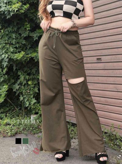 【SALE!￥2948→￥1474】クラッシュゆるシルエットワイドスウェットパンツ ストリート系【B/bomb】(フリーサイズ)(ブラック/ライトカーキ)