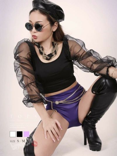 メッシュ袖ランタンスリーブトップス ダンス衣装【bombshell】(S/M/L)(ブラック/ホワイト/パープル)