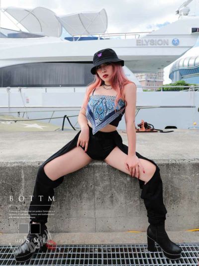 フロント大胆バックオープンスウェットロングパンツ【ダンス衣装通販bombshell/ボムシェル】(S/M/L)(ブラック/グレー)