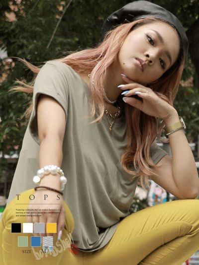 【メール便対応】Uネックロールアップ半袖胸ポケット無地Tシャツ【ダンス衣装通販bombshell/ボムシェル】(M)(ブラック/ホワイト/ホワイト×ブラック/グレー/カーキ/マスタード/ブルー)