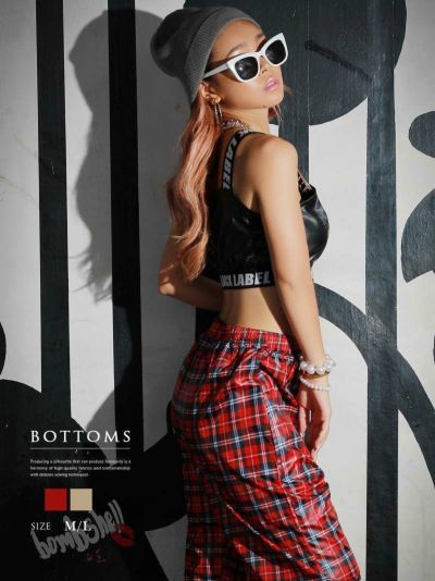 タータンチェック柄ロングパンツ ダンス衣装【bombshell】(M/L)(ベージュ/レッド)