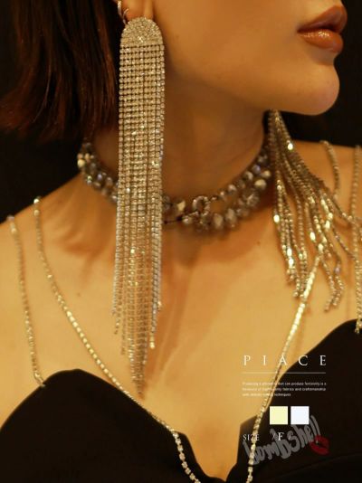 SALE￥1738→￥869！ ラインストーンフリンジロングピアスアクセサリー ダンス衣装【bombshell】(フリーサイズ)(ゴールド/シルバー)