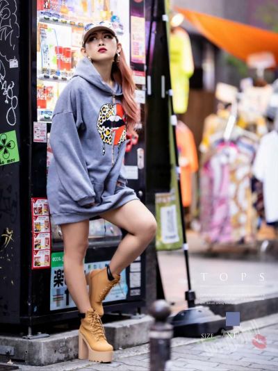 裏起毛ワンポイントビックリップ付きロングサイズフーディー【ダンス衣装通販bombshell/ボムシェル】(XL)(グレー)