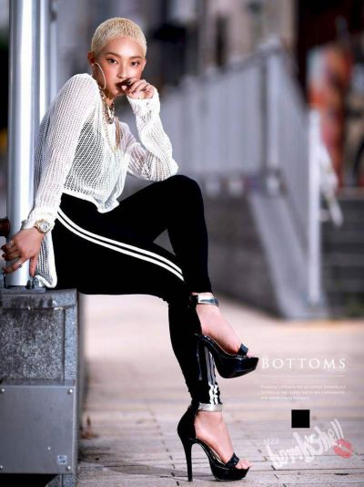 SALE￥1078→￥970！ ダンサーレギンスストレッチ2本ラインパンツ【bombshell/ボムシェル】 ダンス衣装【bombshell】(M)(ブラック)