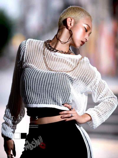 【SALE!￥2178→￥1960】チェーン付きメッシュネット長袖ニットトップス ダンス衣装【bombshell】(フリーサイズ)(ブラック/ホワイト)