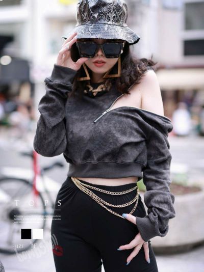 SALE￥2398→￥2158！ タイダイ柄アシメファスナー長袖ショート丈トップス ストリート系【B/bomb】(フリーサイズ)(ホワイト/ブラック)