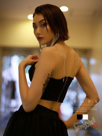 【SALE!￥1518→￥759】カップ付きラインストーンストラップキャミソール ダンス衣装【bombshell】(フリーサイズ)(ブラック/ホワイト)