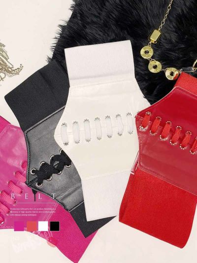 【SALE!￥1078→￥539】フェイクレザーレースアップコルセットベルト ストリート系【B/bomb】(フリーサイズ)(ブラック/ホワイト/レッド/ピンク)