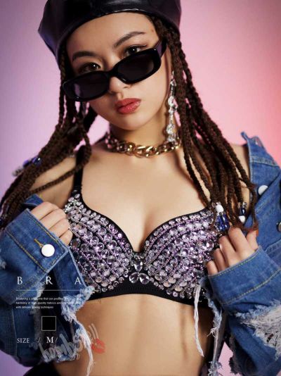 ド派手ゴージャス！ビジュースパンコールブラトップス ダンス衣装【bombshell】(M)(ブラック)