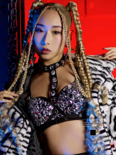 ド派手！チョーカーハーネスビジューブラトップス3点セット ダンス衣装【bombshell】(M)(ブラック)