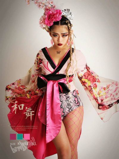 花魁風フラワー和装衣装バイカラー派手ステージ衣装 ダンス衣装【bombshell】(S/M/L/XL)(ピンク/グリーン/パープル)