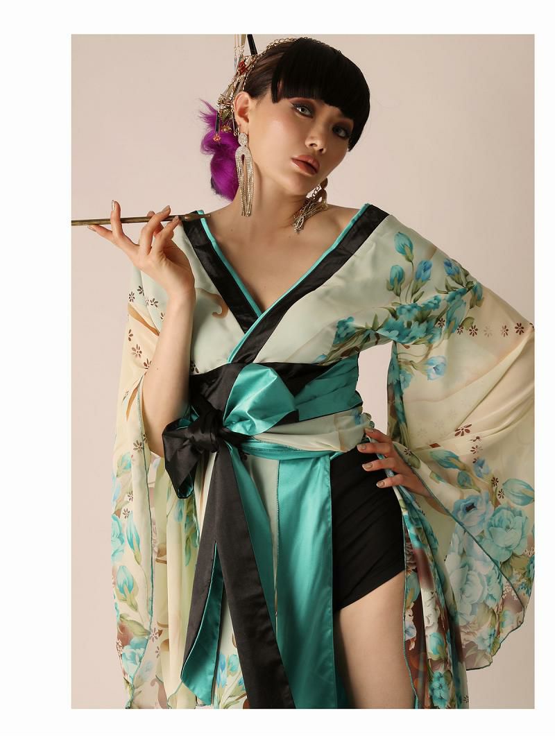 薄紫色 和風衣装 花アクセント 花柄グラデーションバイカラー着物衣装 ダンス衣装【bombshell