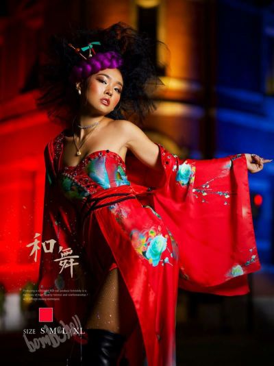 大きいサイズ完備！シフォンフラワー振袖セットアップ和装衣装2点セット ダンス衣装【bombshell】(S/M/L/XL)(レッド)