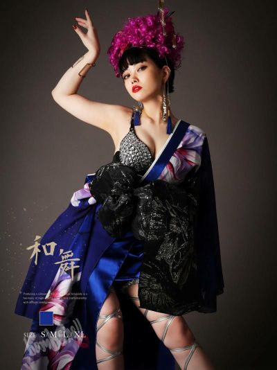 オリエンタルフラワー盛り帯シフォン和柄衣装 ダンス衣装【bombshell】(S/M/L/XL)(ブルー)