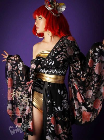 花魁風ブラックビジューシフォン着物衣装2点セット ダンス衣装【bombshell】(S/M/L/XL)(ブラック)
