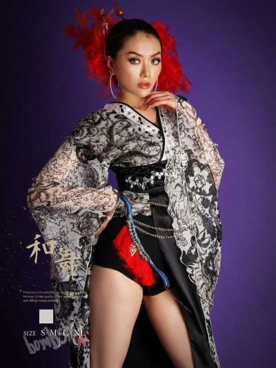 花魁遊女風モダンアラベスクスカーフ柄シフォン和装衣装 ダンス衣装【bombshell】(S/M/L/XL)(グレー)