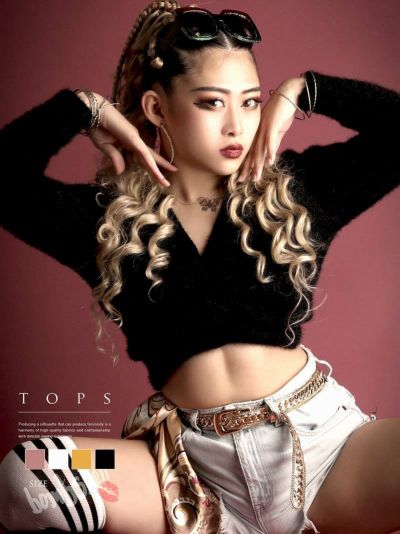 全4色！へそ出しシャーリングショート丈モヘアニットトップス ストリート系【B/bomb】(フリーサイズ)(ブラック/ホワイト/イエロー/ピンク)