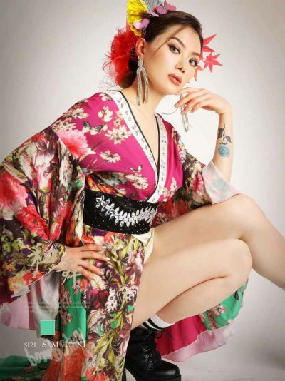 豪華和華柄バイカラーシフォン花魁風着物衣装 ダンス衣装【bombshell】(S/M/L/XL)(グリーン)